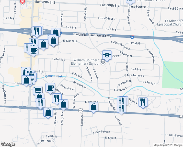 map of restaurants, bars, coffee shops, grocery stores, and more near 4325 South Avon Drive in Independence
