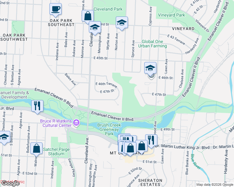 map of restaurants, bars, coffee shops, grocery stores, and more near 4715 Norton Avenue in Kansas City