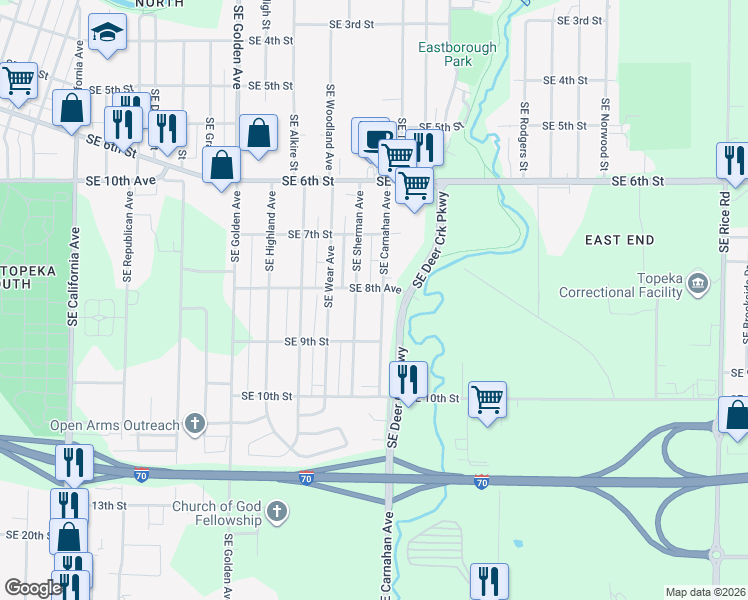 map of restaurants, bars, coffee shops, grocery stores, and more near 804 Southeast Sherman Avenue in Topeka