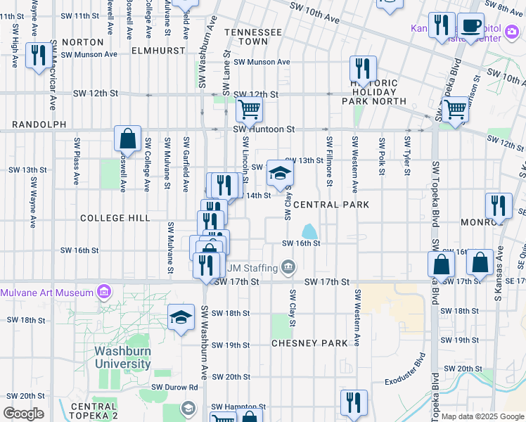 map of restaurants, bars, coffee shops, grocery stores, and more near 1411 Southwest Lincoln Street in Topeka