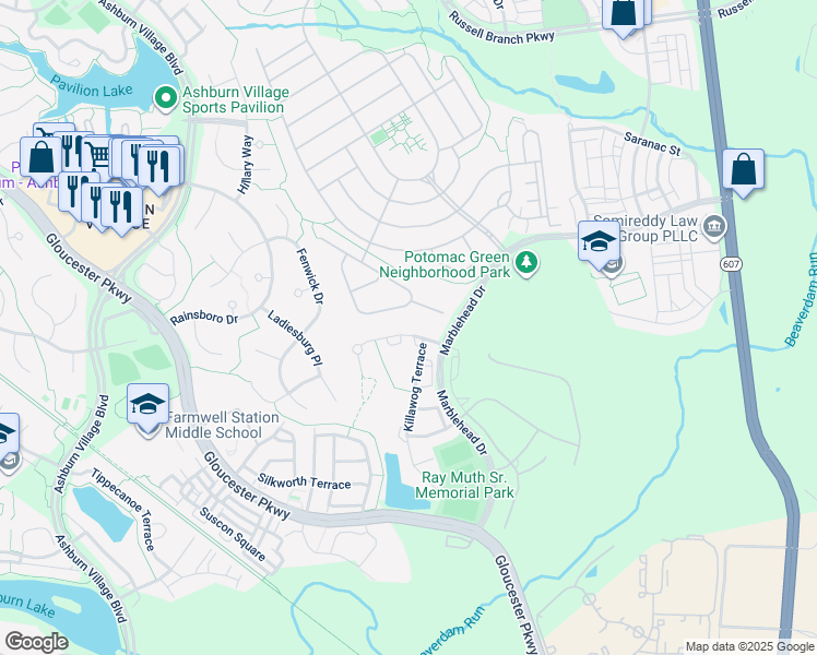 map of restaurants, bars, coffee shops, grocery stores, and more near 44464 Livonia Terrace in Ashburn