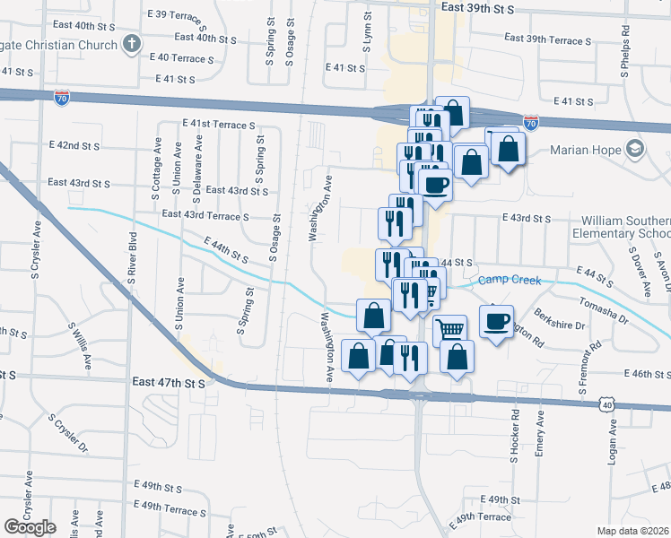 map of restaurants, bars, coffee shops, grocery stores, and more near 4430 South Liberty Avenue in Independence