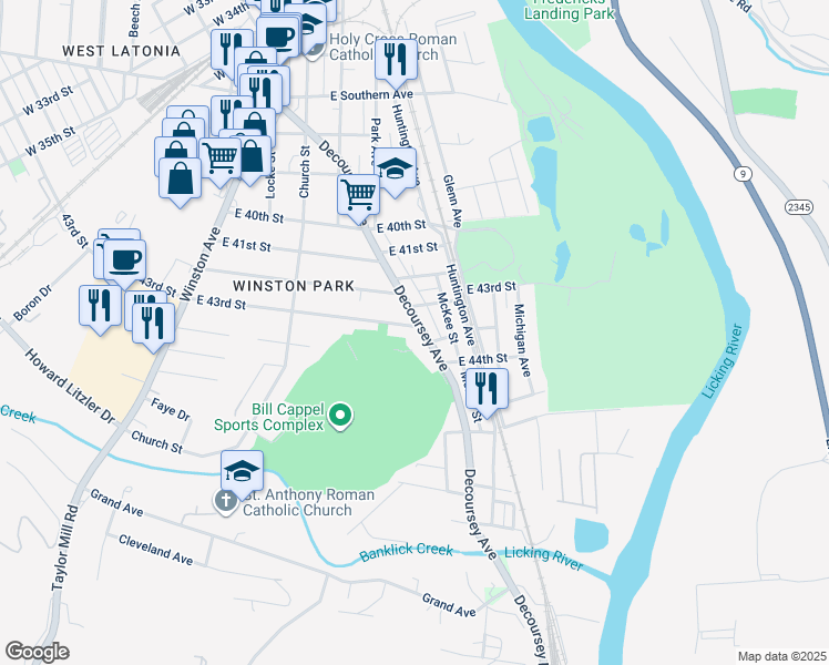 map of restaurants, bars, coffee shops, grocery stores, and more near 4303 Decoursey Avenue in Covington