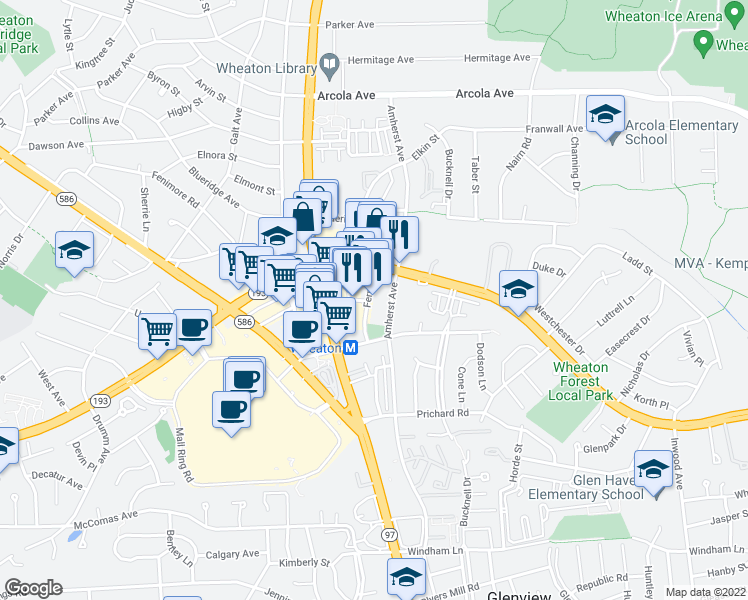 map of restaurants, bars, coffee shops, grocery stores, and more near 11301 Fern St in Wheaton-Glenmont