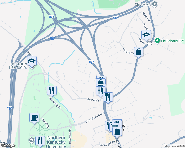 map of restaurants, bars, coffee shops, grocery stores, and more near 2395 South Main Avenue in Highland Heights