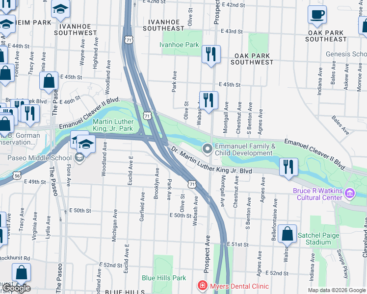 map of restaurants, bars, coffee shops, grocery stores, and more near 2402 Swope Parkway in Kansas City