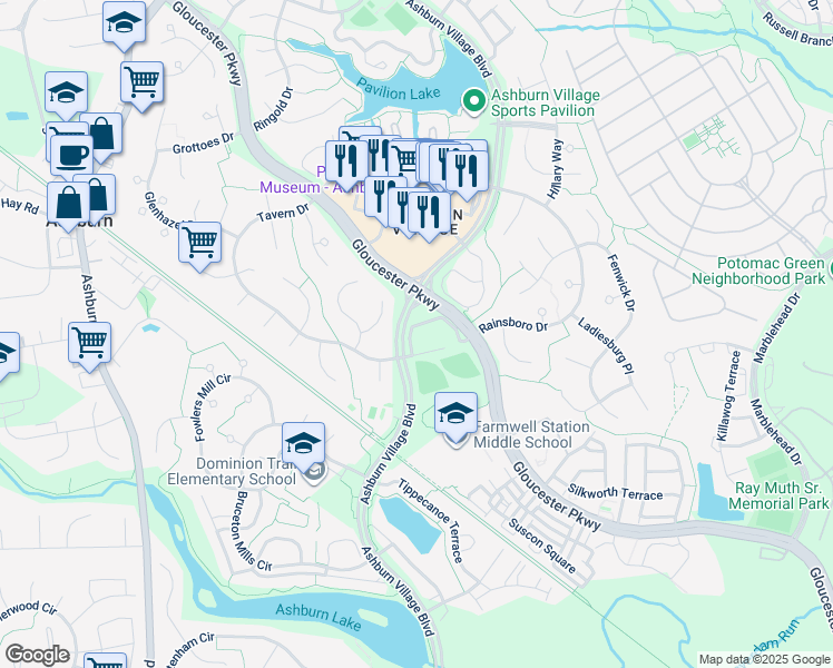 map of restaurants, bars, coffee shops, grocery stores, and more near 44131 Allderwood Terrace in Ashburn
