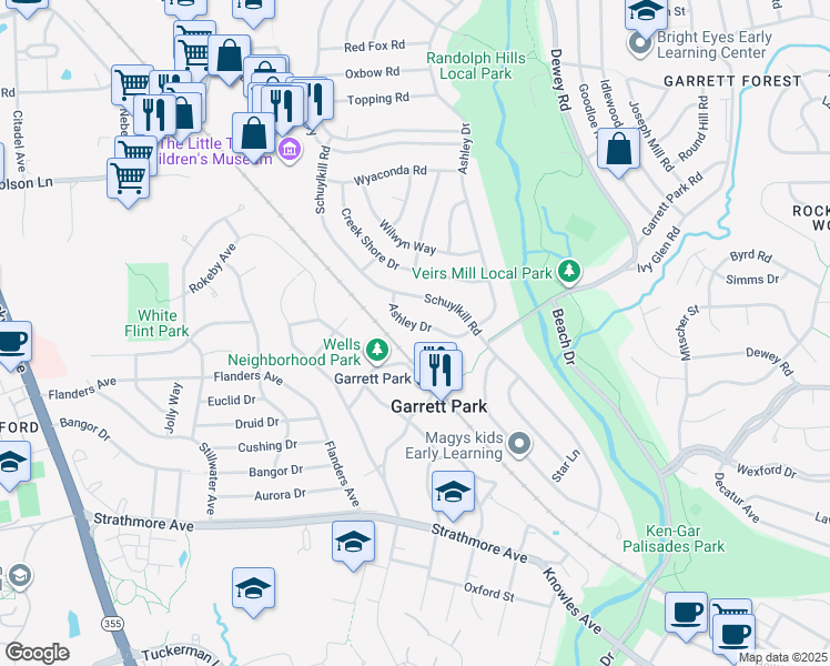 map of restaurants, bars, coffee shops, grocery stores, and more near 11217 Ashley Drive in Rockville