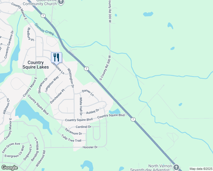 map of restaurants, bars, coffee shops, grocery stores, and more near 3765 North County Road 295 West in North Vernon