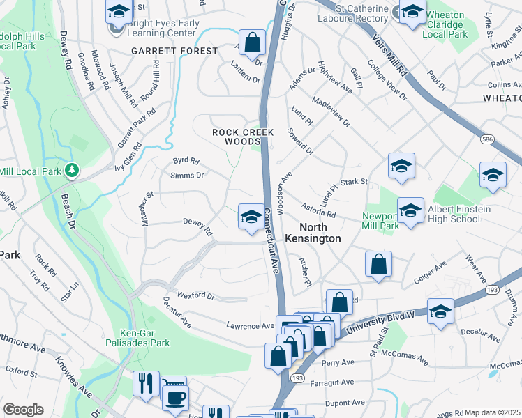 map of restaurants, bars, coffee shops, grocery stores, and more near 11358 Connecticut Avenue in Kensington