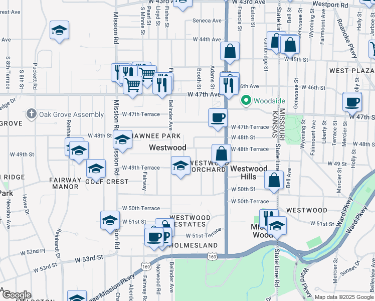 map of restaurants, bars, coffee shops, grocery stores, and more near 4821 Belinder Court in Westwood