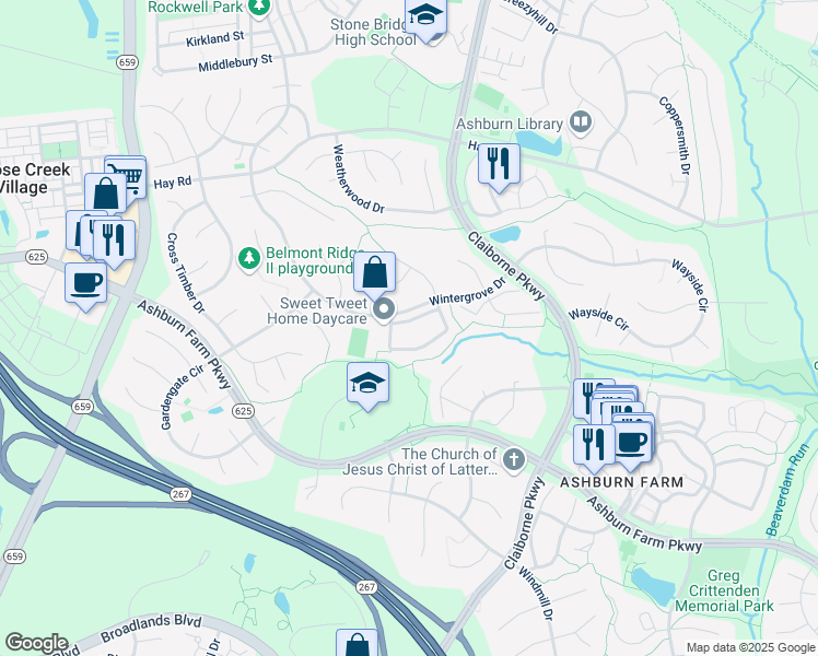 map of restaurants, bars, coffee shops, grocery stores, and more near 43250 Gatwick Square in Ashburn