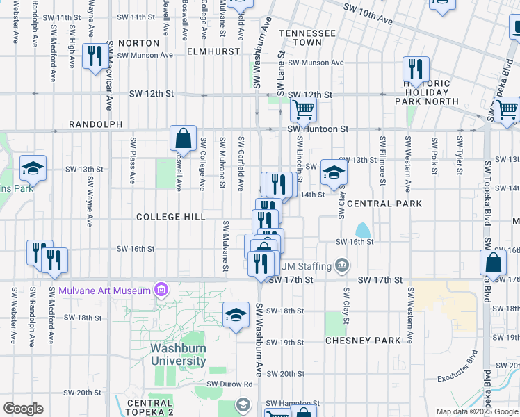 map of restaurants, bars, coffee shops, grocery stores, and more near Southwest Washburn Avenue in Topeka