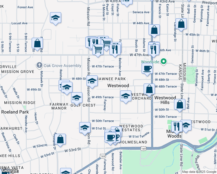 map of restaurants, bars, coffee shops, grocery stores, and more near 2812 West 49th Street in Westwood