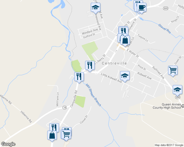 map of restaurants, bars, coffee shops, grocery stores, and more near 202 Ridgeview Court in Centreville