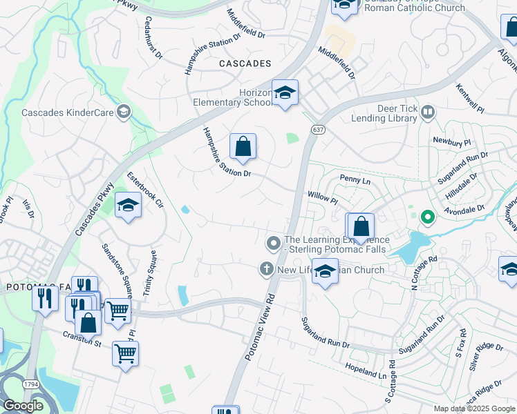 map of restaurants, bars, coffee shops, grocery stores, and more near 46619 Oakhurst Court in Sterling