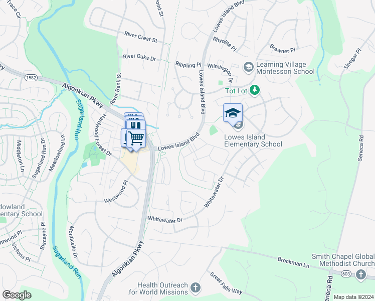 map of restaurants, bars, coffee shops, grocery stores, and more near 20771 Deepwater Terrace in Sterling