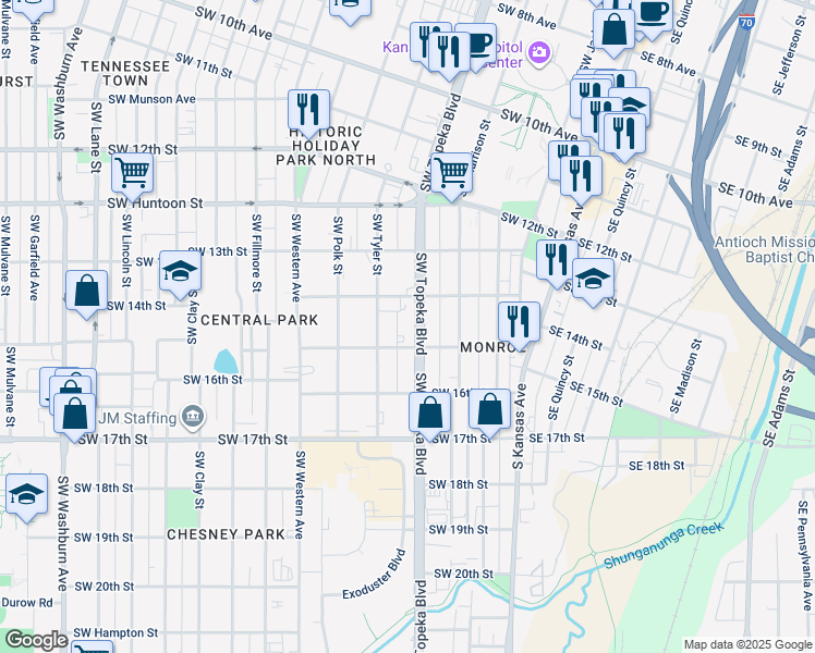 map of restaurants, bars, coffee shops, grocery stores, and more near 1425 Southwest Topeka Boulevard in Topeka