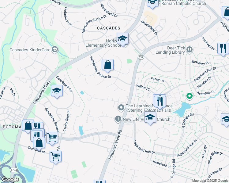 map of restaurants, bars, coffee shops, grocery stores, and more near 46619 Oakhurst Court in Sterling