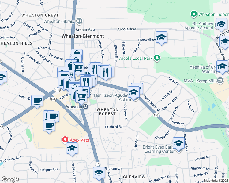 map of restaurants, bars, coffee shops, grocery stores, and more near 11370 King George Drive in Silver Spring