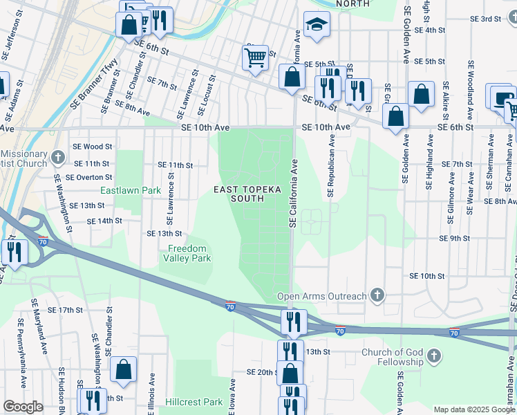 map of restaurants, bars, coffee shops, grocery stores, and more near 1601 Southeast 10th Avenue in Topeka