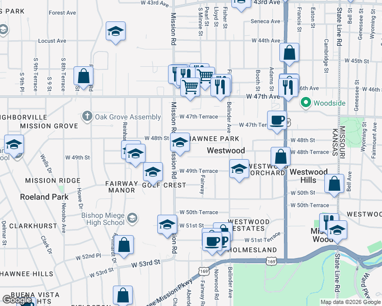 map of restaurants, bars, coffee shops, grocery stores, and more near 2930 West 49th Street in Westwood