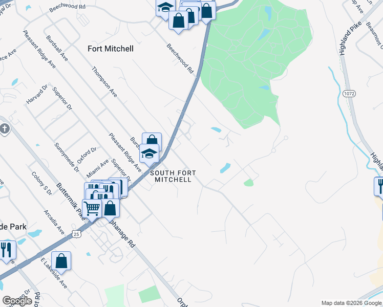 map of restaurants, bars, coffee shops, grocery stores, and more near 25 Silver Avenue in Fort Mitchell
