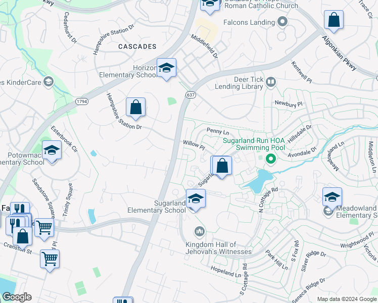 map of restaurants, bars, coffee shops, grocery stores, and more near 10 Wicker Court in Sterling