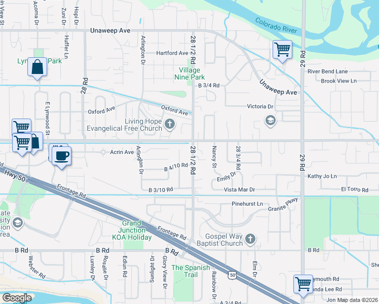 map of restaurants, bars, coffee shops, grocery stores, and more near in Grand Junction