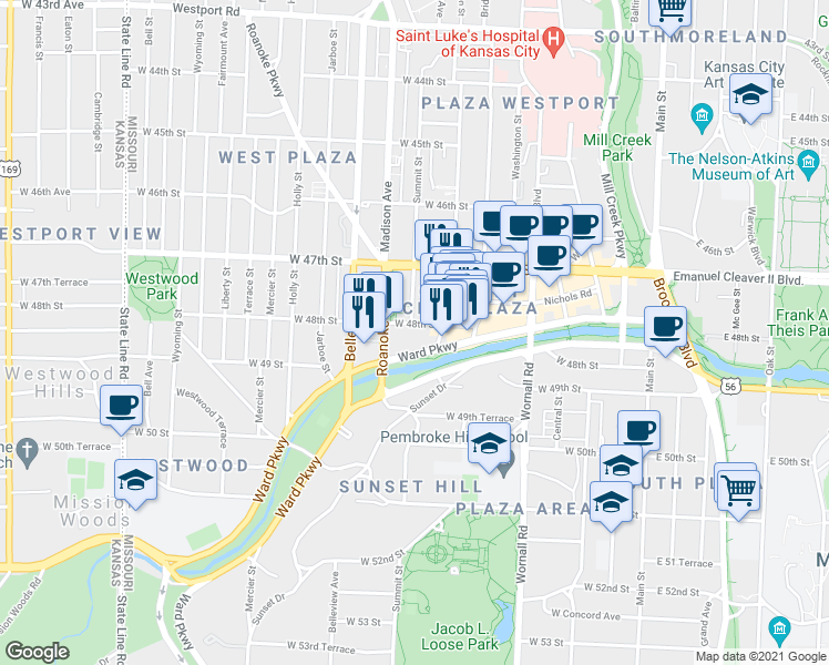 map of restaurants, bars, coffee shops, grocery stores, and more near 803 West 48th Street in Kansas City