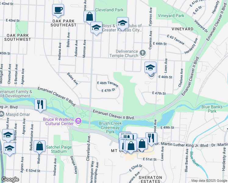 map of restaurants, bars, coffee shops, grocery stores, and more near 4013 East 47th Street in Kansas City