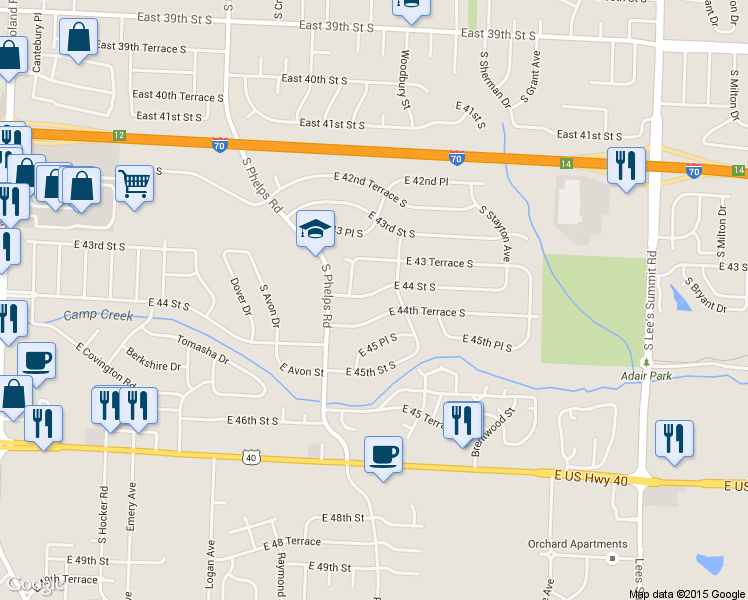 map of restaurants, bars, coffee shops, grocery stores, and more near 15307 E 44 Street South in Independence