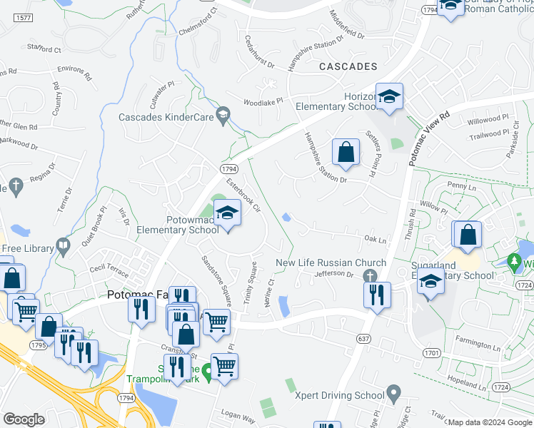 map of restaurants, bars, coffee shops, grocery stores, and more near 46412 Esterbrook Circle in Sterling