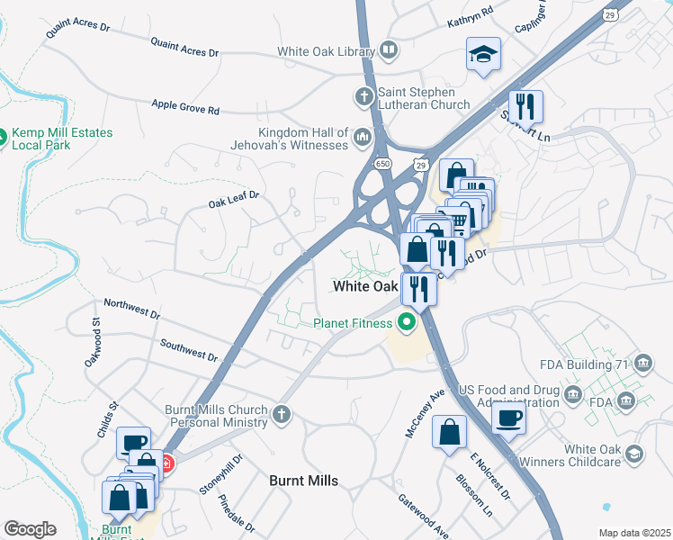 map of restaurants, bars, coffee shops, grocery stores, and more near 11225 Oak Leaf Drive in Silver Spring
