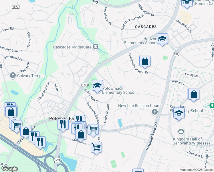 map of restaurants, bars, coffee shops, grocery stores, and more near 20780 Eskridge Court in Sterling