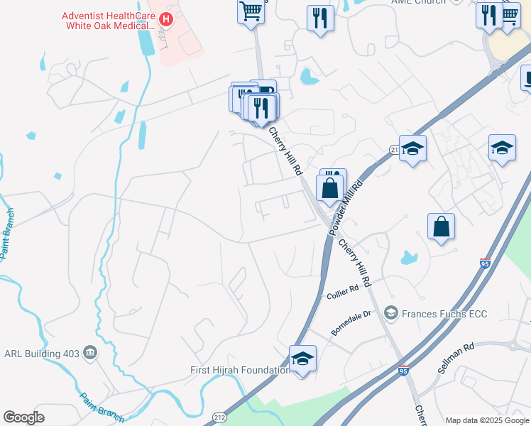 map of restaurants, bars, coffee shops, grocery stores, and more near 11230 Cherry Hill Road in Beltsville