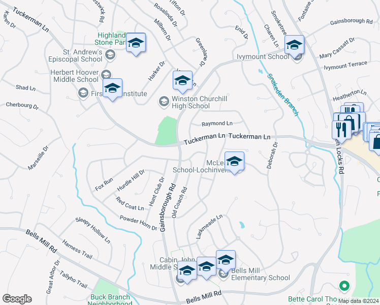 map of restaurants, bars, coffee shops, grocery stores, and more near 8309 Fox Run in Rockville
