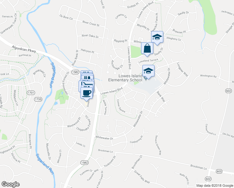 map of restaurants, bars, coffee shops, grocery stores, and more near 20776 Dockside Terrace in Sterling