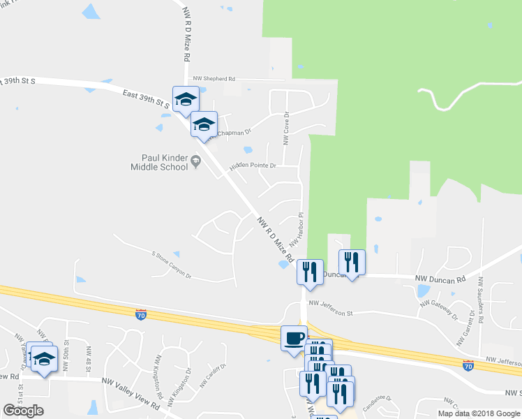 map of restaurants, bars, coffee shops, grocery stores, and more near 3637 Northwest Light House Court in Blue Springs
