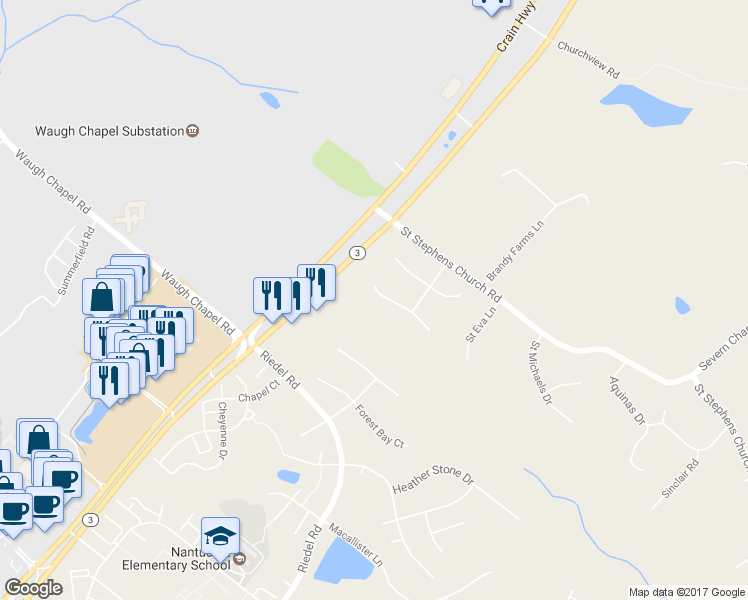 map of restaurants, bars, coffee shops, grocery stores, and more near 2123 Autumn Haze Court in Gambrills