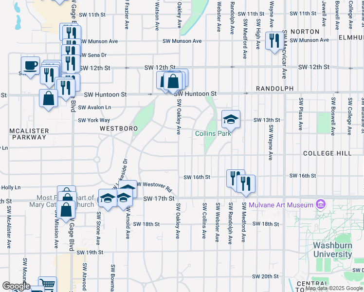 map of restaurants, bars, coffee shops, grocery stores, and more near 1440 Southwest Oakley Avenue in Topeka