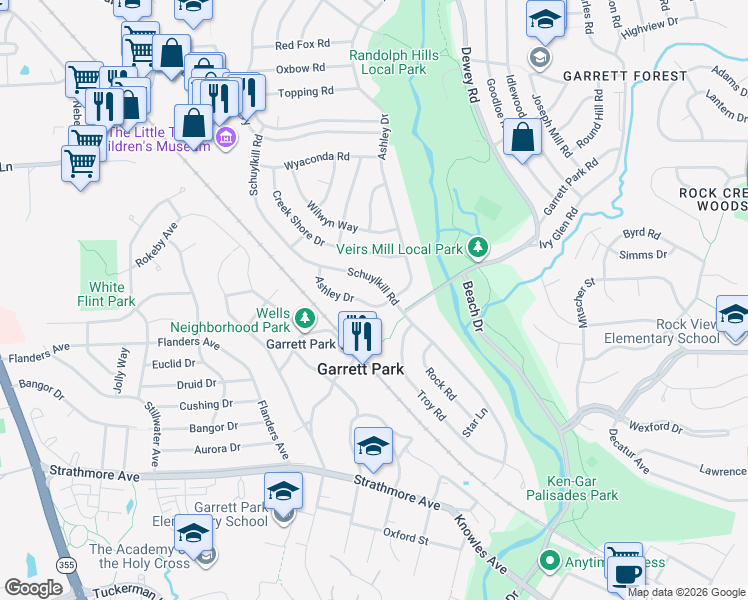 map of restaurants, bars, coffee shops, grocery stores, and more near 11222 Ashley Dr in Rockville