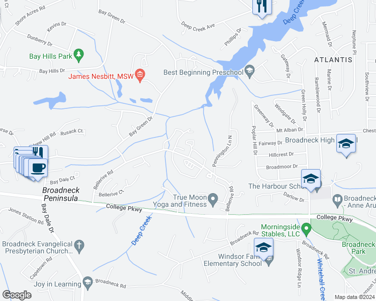 map of restaurants, bars, coffee shops, grocery stores, and more near 1266 Quaker Ridge Drive in Arnold
