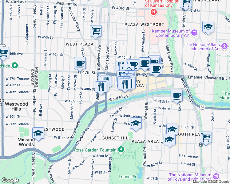 map of restaurants, bars, coffee shops, grocery stores, and more near 803 West 48th Street in Kansas City