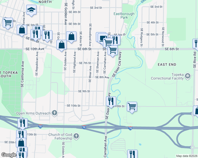 map of restaurants, bars, coffee shops, grocery stores, and more near 804 Southeast Sherman Avenue in Topeka
