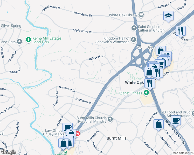 map of restaurants, bars, coffee shops, grocery stores, and more near 304 Legato Terrace in Silver Spring