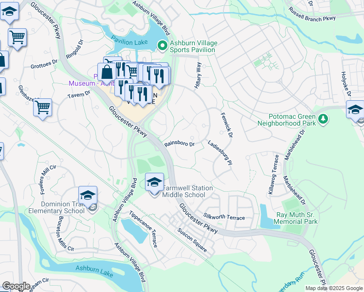 map of restaurants, bars, coffee shops, grocery stores, and more near 20800 Rainsboro Drive in Ashburn