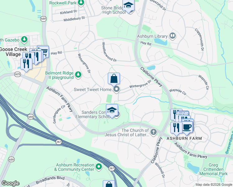 map of restaurants, bars, coffee shops, grocery stores, and more near 43101 Gatwick Square in Ashburn