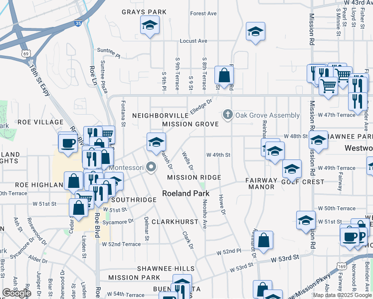 map of restaurants, bars, coffee shops, grocery stores, and more near 4911 Wells Drive in Roeland Park