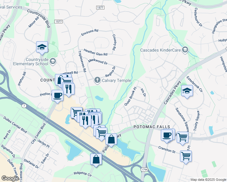 map of restaurants, bars, coffee shops, grocery stores, and more near 277 Terrie Drive in Sterling